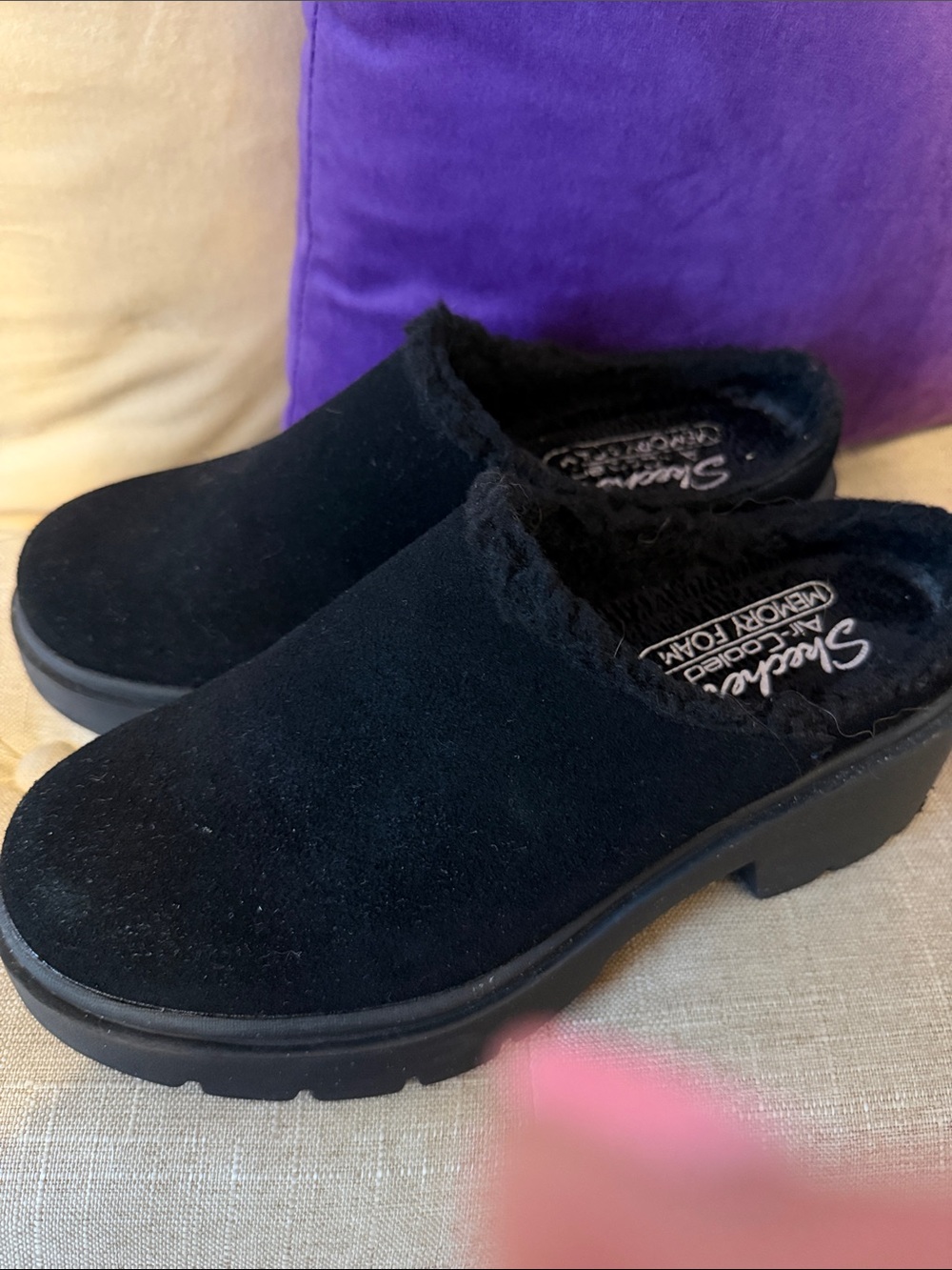 Skechers Black Faux Suede Slip-On Clog Mules with Plush Collar with memory foam